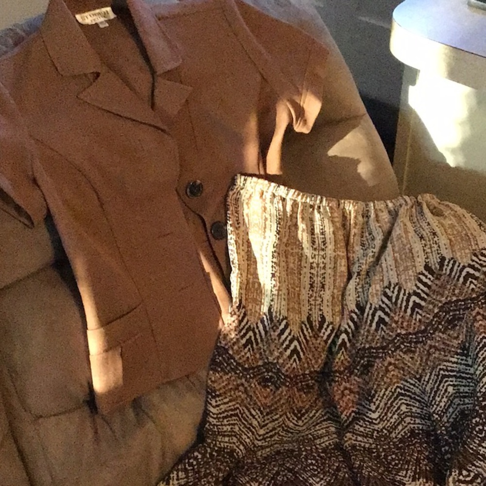 Vintage Brown Blazer and Patterned Skirt Set
